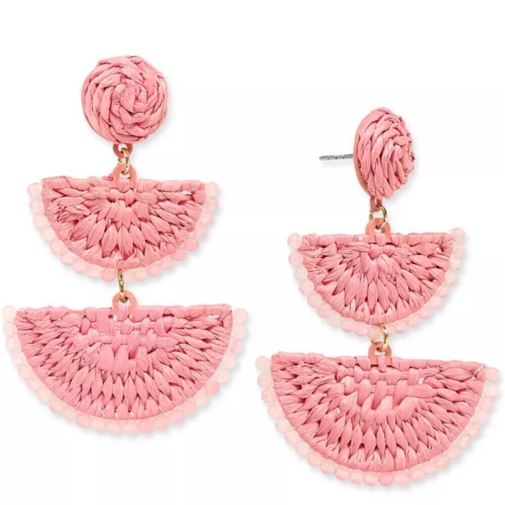 On 34th Raffia Drop Earrings Gold Tone Stone Bead & Woven NWT
